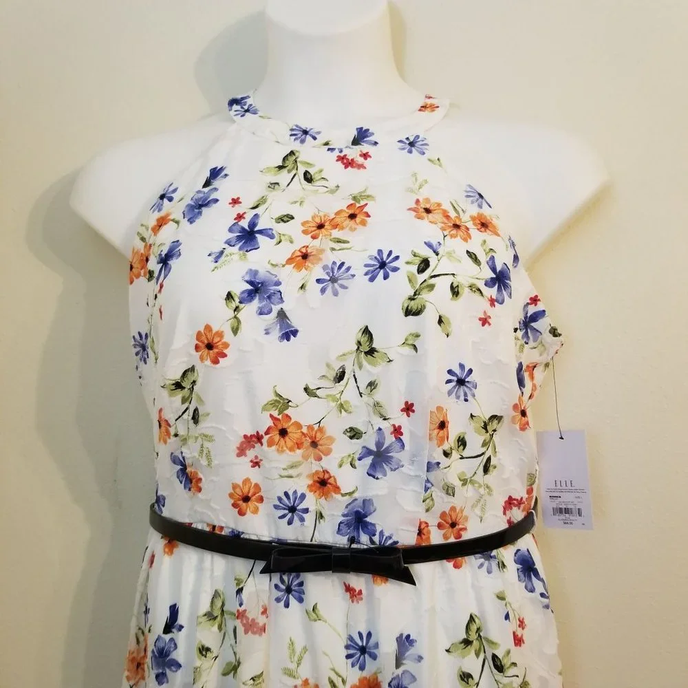 ELLE L‎ Sleeveless Floral Ruffle Halter Belted Dress BLOOMING BEAUTY Hi Low